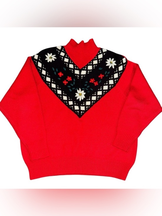 Honors Sweaters - Vintage Honors red floral Nordic knit sweater women’s medium mock neck acrylic